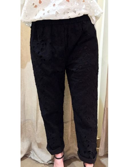 My Sunday Morning pantalon HARVEY pants ajouré brodé noir coton